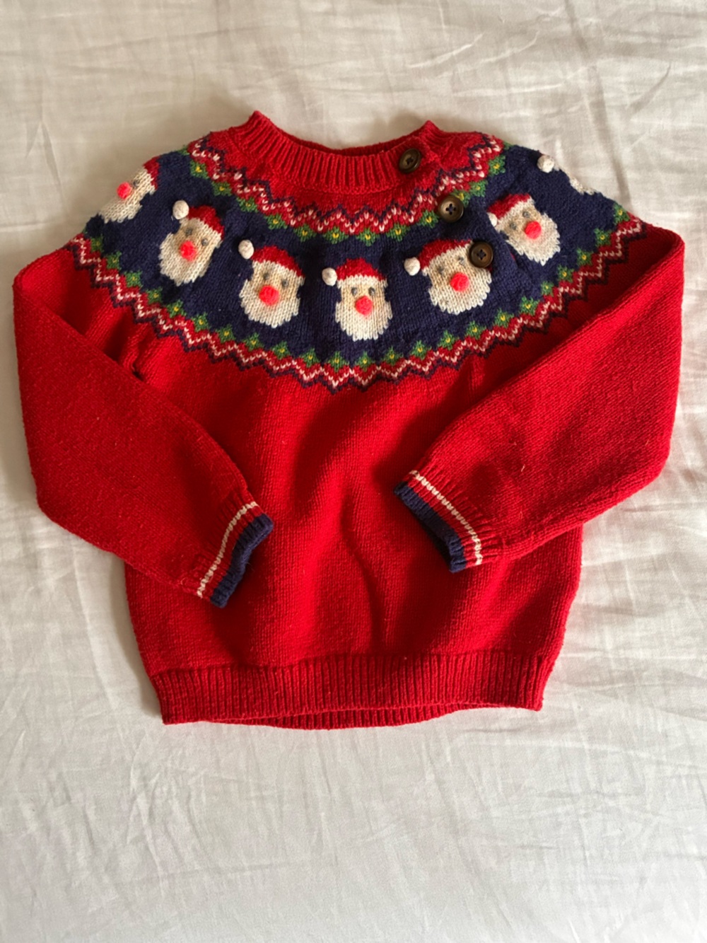 Baby Boden Red Fair Isle Crewneck Sweater with Santa Pattern
